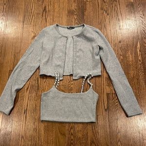 Zara grey Pearl spaghetti strap crop top and matching cardigan set size medium